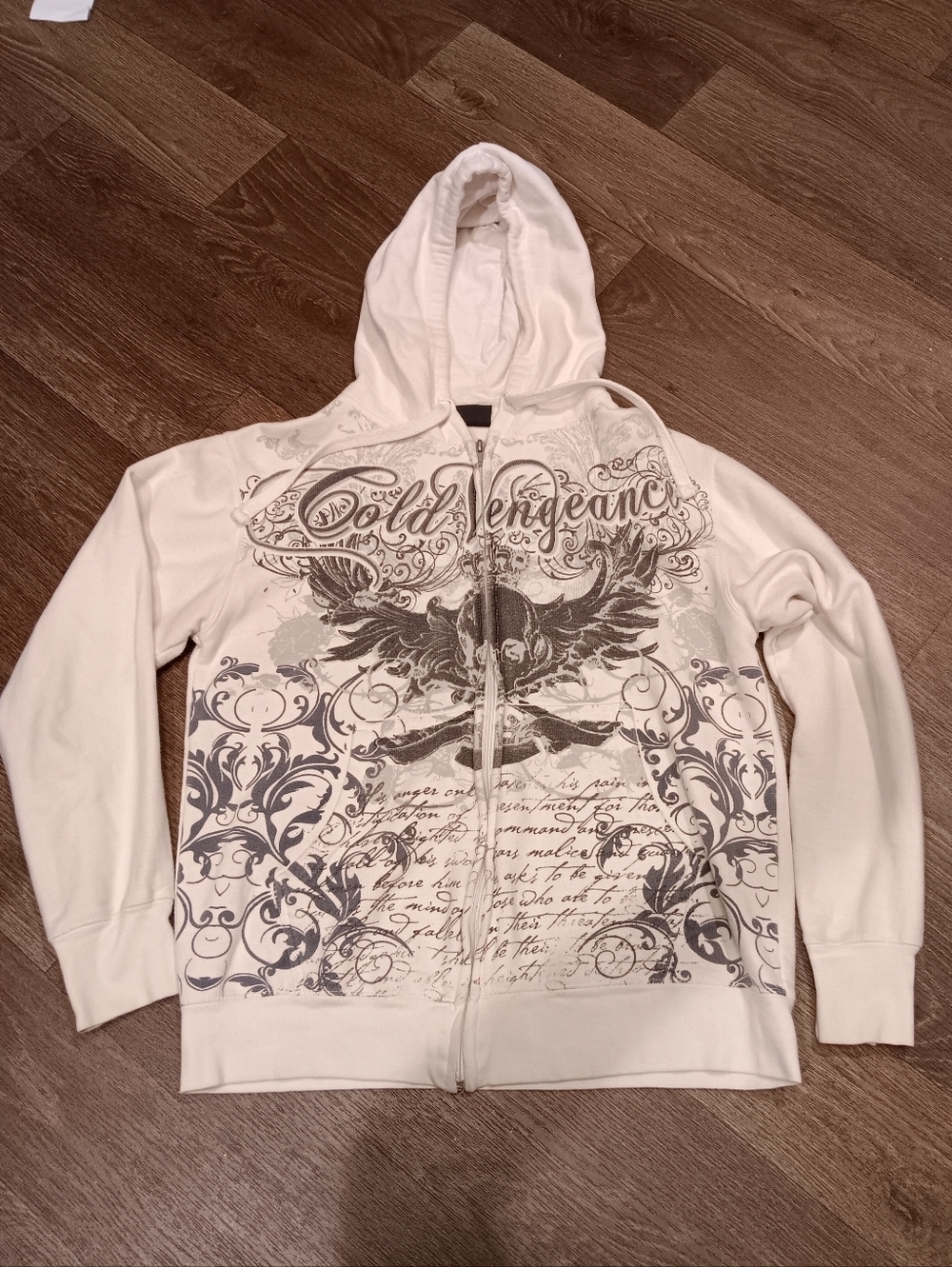 Y2k Vintage 90s Gold Vengeance White Graphic Zip-Up Hoodie